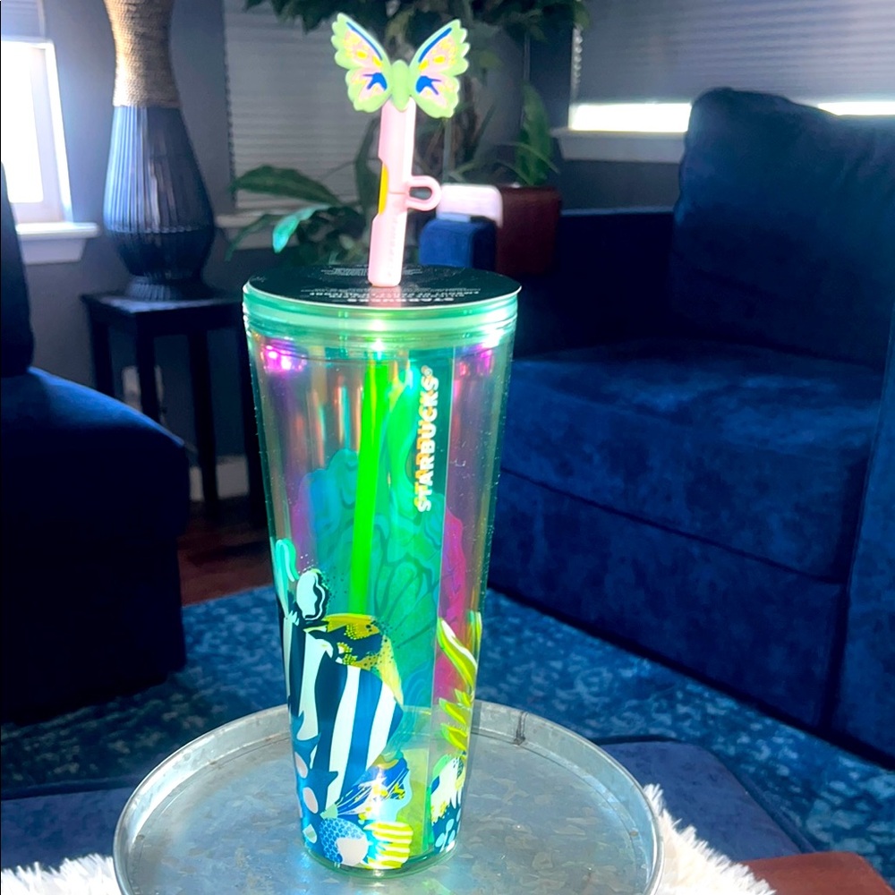 🦋NWT🦋Starbucks Summer Iridescent Lily Butterfly Floral Straw Topper Tumbler